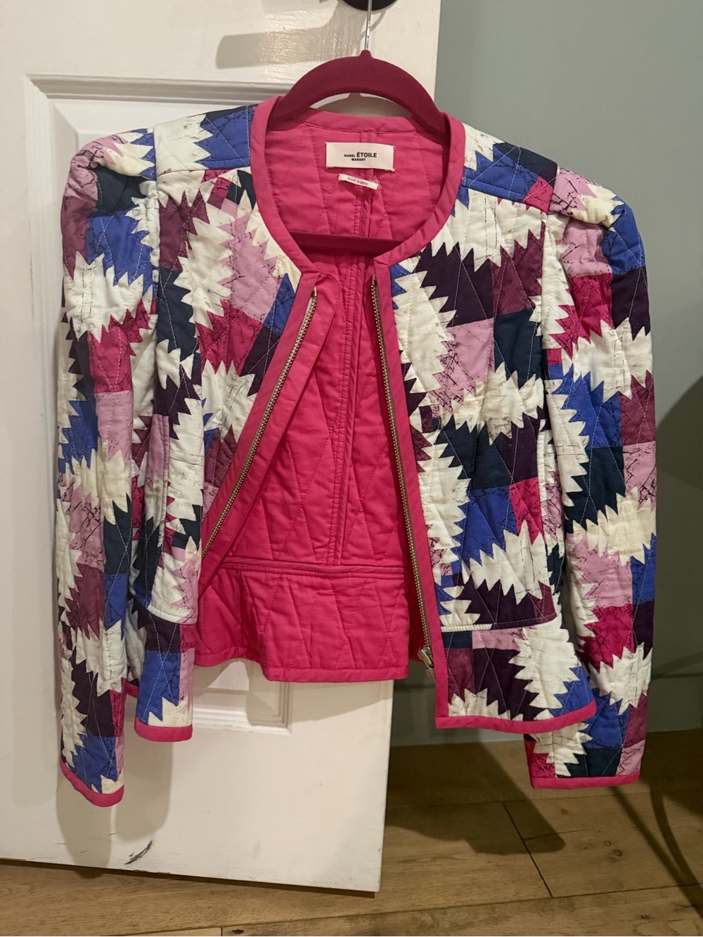 Isabel Marant Quilted Pink Multi Geometric Bomber Jacket